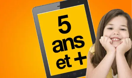 enfant souriant avec smartphone affichant "5 ans et +" sur fond orange
