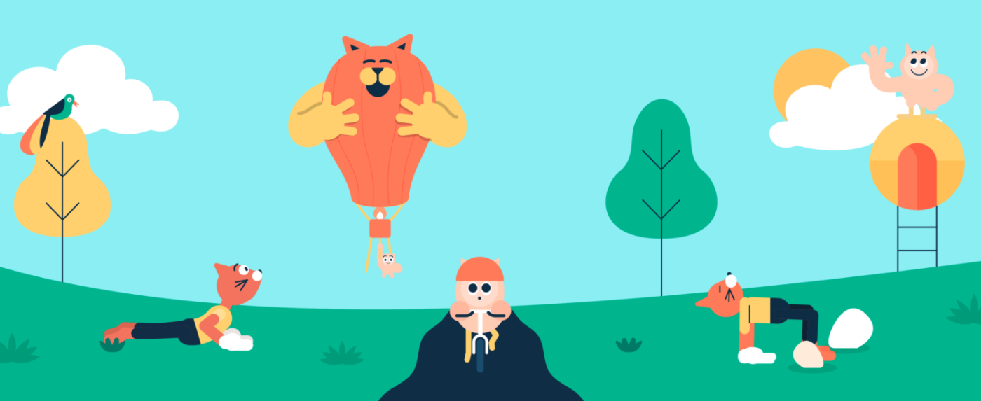 illustration colorée d'enfants jouant dans un parc avec des animaux et des arbres