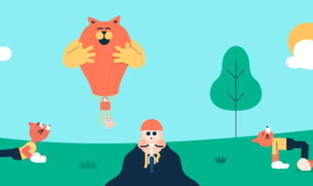 illustration colorée d'enfants jouant dans un parc avec des animaux et des arbres