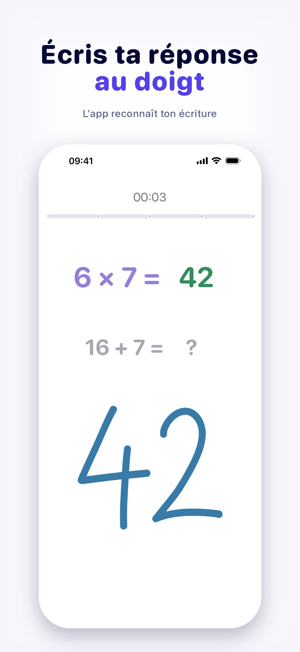 Capture d'écran de l'application Calmenta : saisie manuscrite du calcul mental