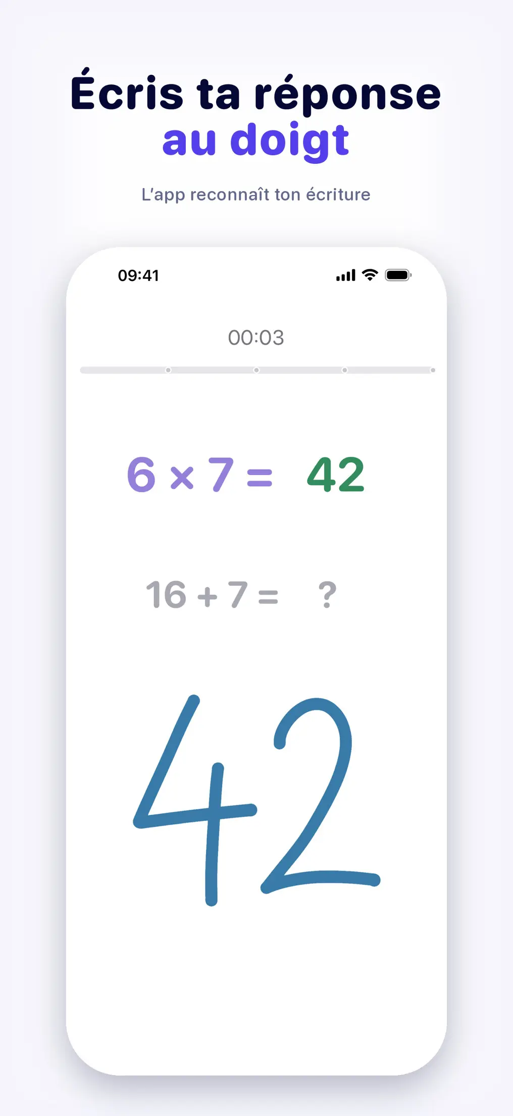 Capture d'écran de l'application Calmenta : saisie manuscrite du calcul mental